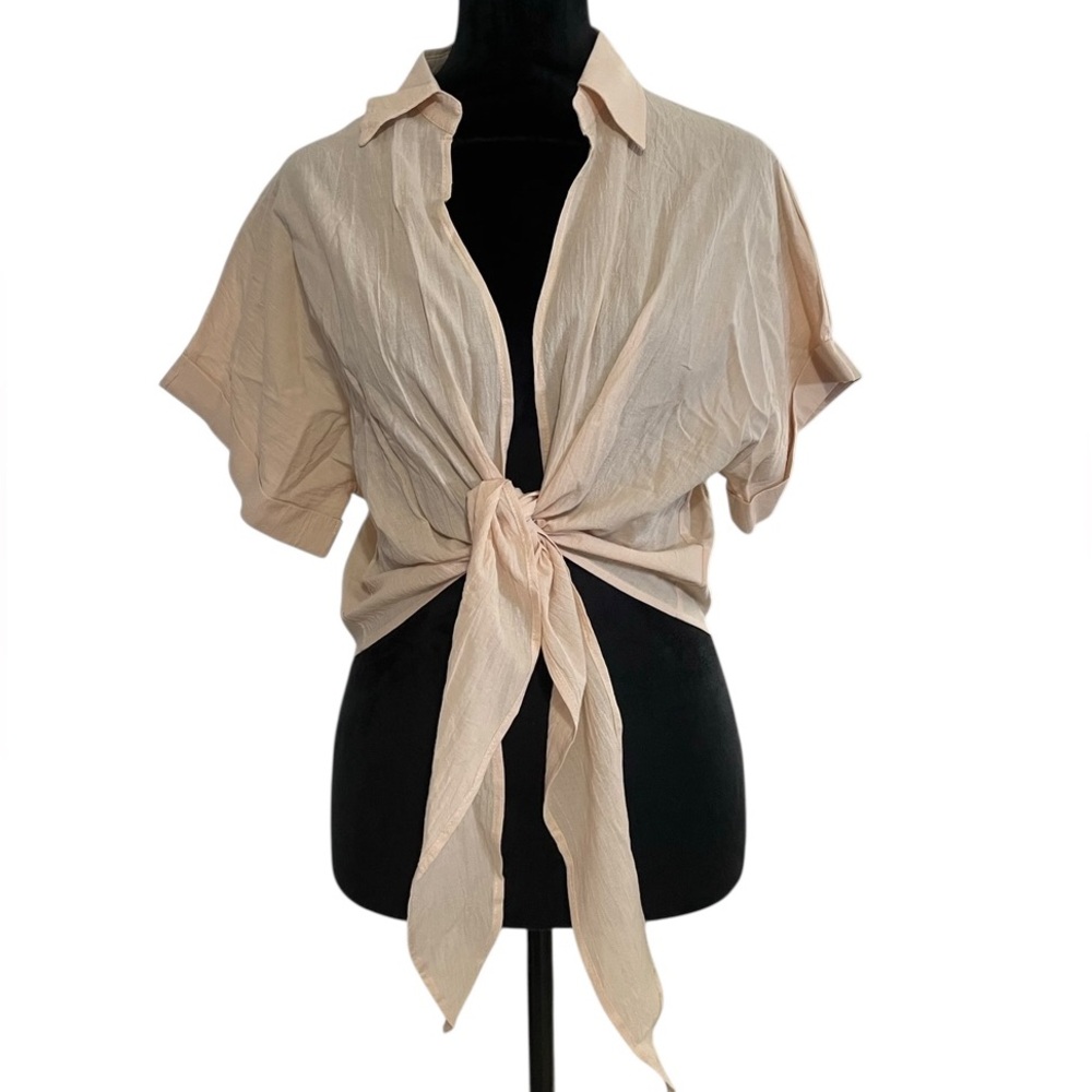 Summer Crop Top Short Sleeve Deep V Neck Sexy Front Tie Blouse,Peach,Large,New